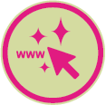 A pink cursor icon with sparkles and "www" text inside a pink-bordered circle on a light green background.